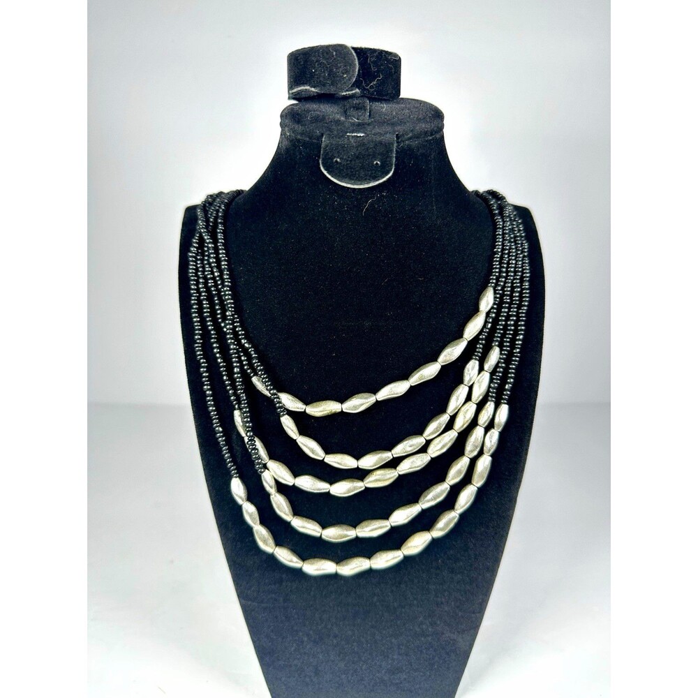 Multi-Strand Statement Beaded Necklace Black & Silver Tone Metal Beads 16" Adj